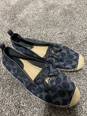 Coach Navy Signature Canvas Espadrille Flats with Tassel Accents